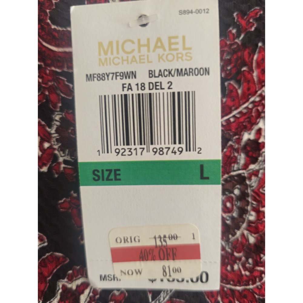 NWT Michael Michael Kors Black Maroon Paisley Faux Wrap Ruffle Sleeves Dress L - Picture 6 of 7